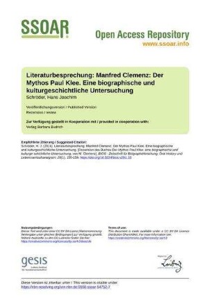 Literaturbesprechung: Manfred Clemenz: Der Mythos Paul Klee. Eine biographische und kulturgeschichtliche Untersuchung