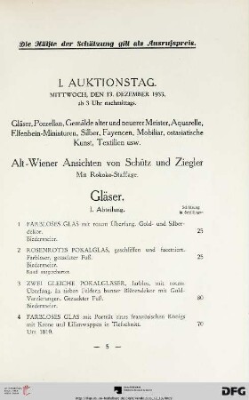 I. Auktionstag: Mittwoch, den 13. Dezember 1933, ab 3 Uhr nachmittags (Nr. 1-208)