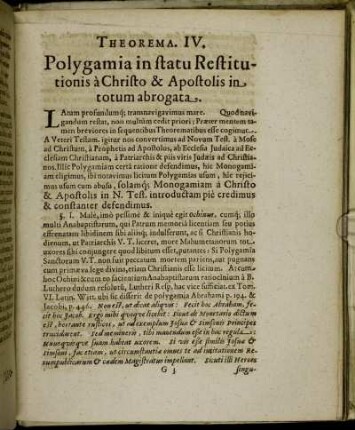 Theorema. IV. Polygamia in statu Restitutionis a Christo & Apostolis in totum abrogata.