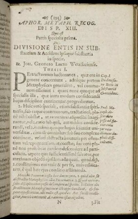 Disp. XIII. Quæ est Partis specialis prima. De Divisione Entis In Substantiam & Accidens Ipsaque substantia in specie.