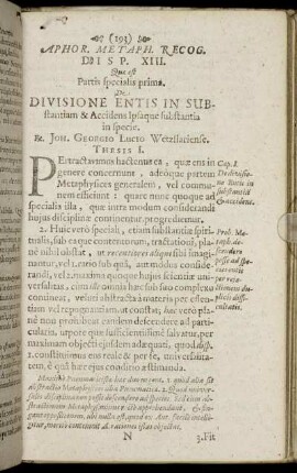Disp. XIII. Quæ est Partis specialis prima. De Divisione Entis In Substantiam & Accidens Ipsaque substantia in specie.