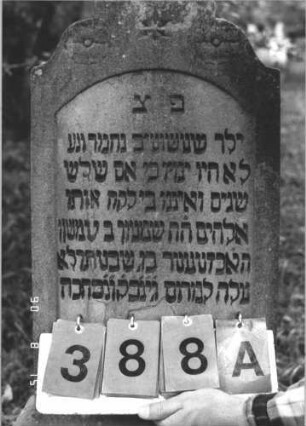 Grabstein 388 (Index: 100106625) Material: Sandstein Zustand: verwittert, abblätternd Maße HxBxT: 105x39x11 cm Beschreibung: Stele, Abschluß Sonderform, Schriftfeld eingetieft mit Segmentbogenabschluß, Sockel Symbolik: Blüten, Stern Besonderheit: Kindergrab: Grabstein 388A