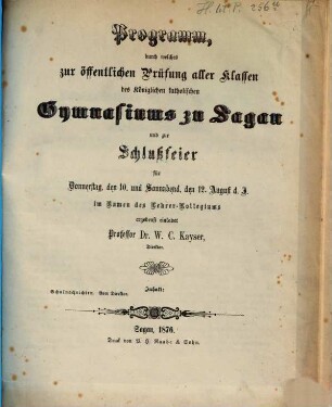 Programm des Königl. Katholischen Gymnasiums zu Sagan : über das Schuljahr ..., 1875/76