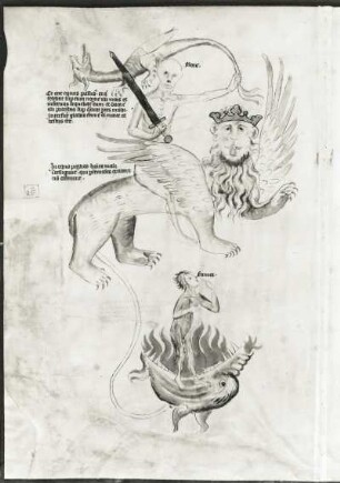 15. Verklärung Christi & 15 b. Drei Männer im feurigen Ofen : 15. Verklärung Christi & 15 b. Drei Männer im feurigen Ofen. Illustration zu "Biblia pauperum und Apokalypsis", fol. 15v. Feder, koloriert, Pergament, 48,0 x 33,0 cm. Erfurt, um 1350. Klassik Stiftung Weimar, Herzogin Anna Amalia Bibliothek Fol.max.4