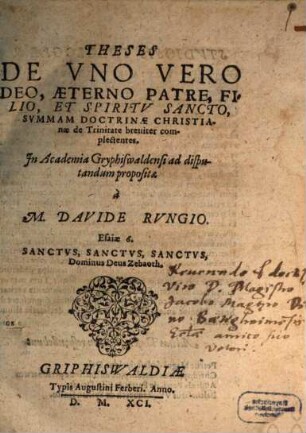 Theses de uno vero Deo, aeterno patre, filio et spiritu sancto, summam doctrinae Christianae de trinitate breviter complectentes