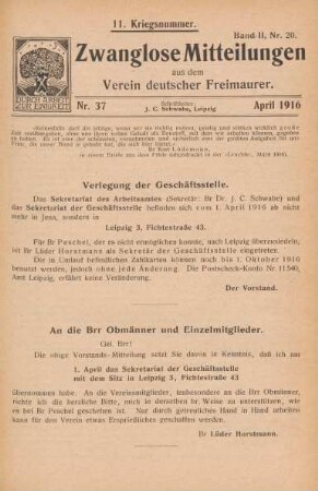 Nr. 37 April 1916 11. Kriegsnummer. Band II, Nr. 20.