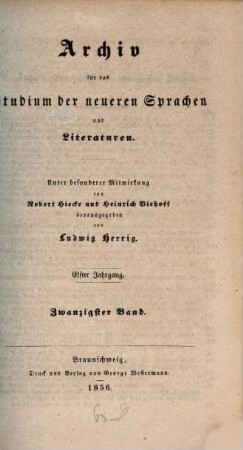 Archiv für das Studium der neueren Sprachen und Literaturen. 20, 20 = Jg. 11. 1856