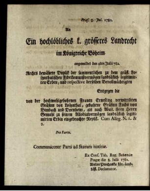 An Ein hochlöbliches k grösseres Landrecht...