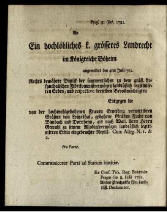 An Ein hochlöbliches k grösseres Landrecht...