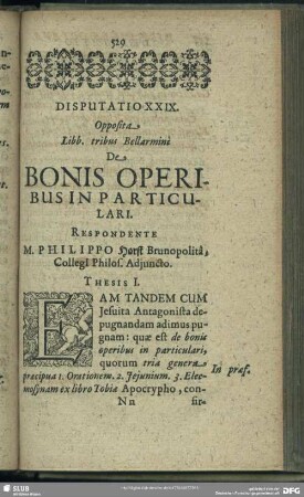 Disputatio XXIX. Opposita. Libb. tribus Bellarmini De Bonis Operibus in Particulari