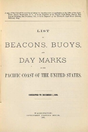 List of beacons, bouys, and day marks on the Pacific Coast of the United States. 1896 (1897)