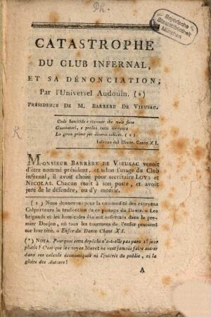 Catastrophe Du Club Infernal, Et Sa Dénonciation