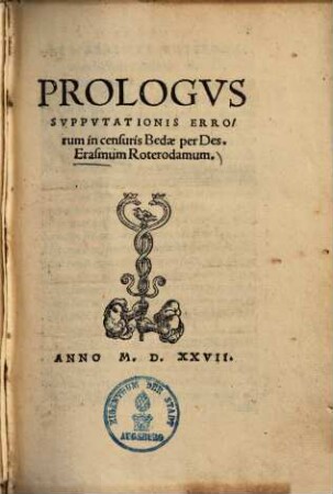 Prologvs Svppvtationis Errorum in censuris Bedae
