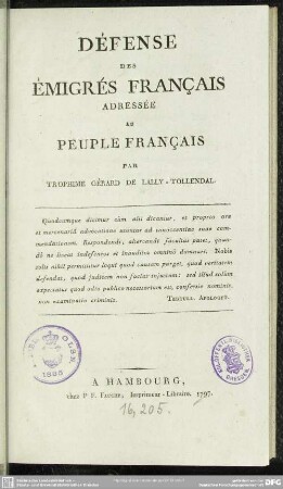 Défense Des Émigrés Français : Adressée Au Peuple Français