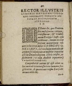 Rector Illustris Gymnasii Servestani Gregorius Bersmanus Bonarum Artium Et Disciplinarum Studiosis S. D.