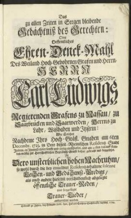 Das zu allen Zeiten in Seegen bleibende Gedächtniß des Gerechten