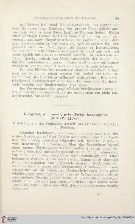 18: Euryplan, ein neuer, patentierter Anastigmat (D. R.-P. 135742)
