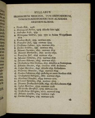 Syllabus Professorum Medicinæ, Tum Ordinariorum, Tum Extraordinariorum in Academia Gryphiswaldensi.