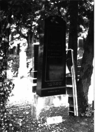 Grabstein 91 (Index: 100101573) Material: Granit, Sockel Kalkstein Zustand: gut Maße HxBxT: 224x54x21 cm Beschreibung: konische Stele, getreppter Sockel, schräg eingezogener und erhöhter Segmentbogenabschluß Symbolik: vierblättriges Kleeblatt Besonderheit: Doppelgrab für Eheleute: Grabstein 91