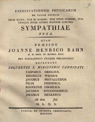 Exercitationum physicar. de causis physicis mirae illius, tum in homine, tum inter homines, tum denique inter cetera naturae corpora sympathiae, Nona