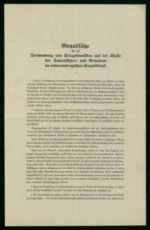 Verwendung von Kriegsinvaliden aus der Klasse der Unteroffiziere und Gemeinen im württembergischen Staatsdienst