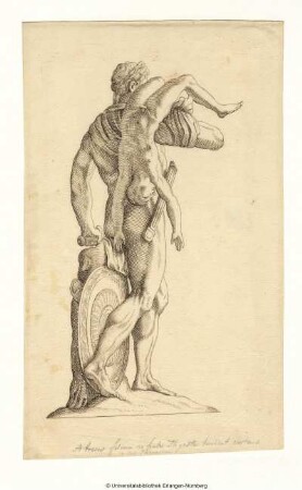 Atreus, mit seinem toten Sohne auf der rechten Schulter, schreitet nach rechts