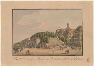 Dresden, die Treppe zur Brühlschen Terrasse vom Schlossplatz nach Osten, rechts das Fürstenbergische Haus (Finanzhaus) und das Palais Brühl (um 1900 für Ständehaus abgerissen)