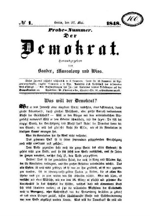 Der Demokrat. Probe-Nummer. N[umer]o 1.