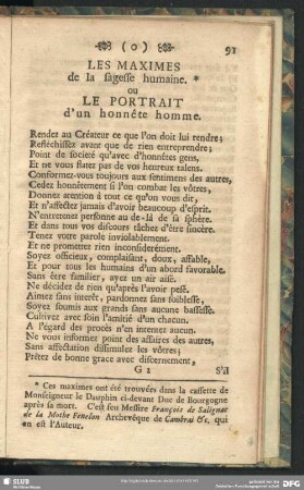 Les Maximes de la sagesse humaine. ou Le Portrait d'un honnête homme