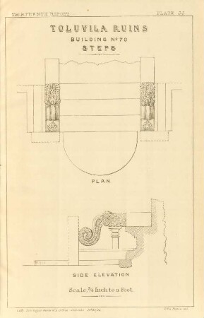 Plate JJ. Toluvila ruins. Building No. 70. Steps. Plan. Side elevation.