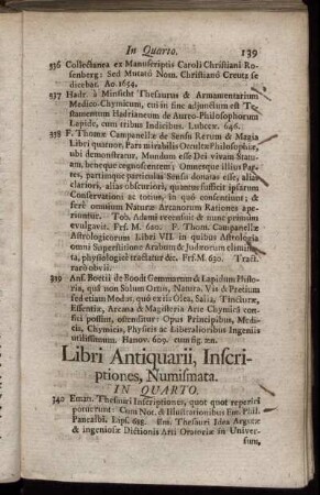 Libri Antiquarii, Inscriptiones, Numismata. In Quarto.