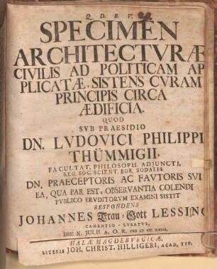 Specimen architecturae civilis ad politicam applicatae, sistens curam principis circa aedificia