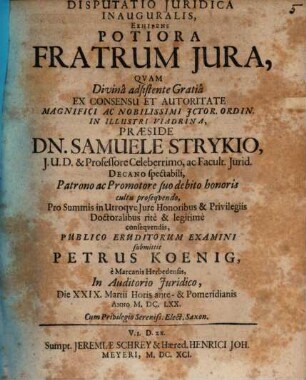 Disputatio Juridica Inauguralis, Exhibens Potiora Fratrum Jura