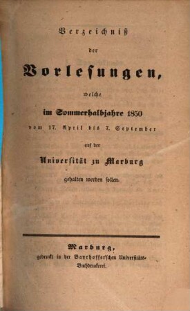 Verzeichnis der Vorlesungen. 1850. SH.