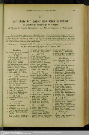 VI. Häuserbuch : VI. Verzeichnis der Häuser und derer Bewohner in alphabetischer Reihenfolge der Straßen