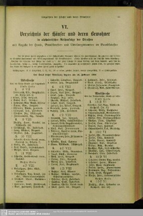 VI. Häuserbuch : VI. Verzeichnis der Häuser und derer Bewohner in alphabetischer Reihenfolge der Straßen