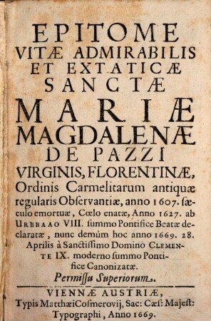 Epitome Vitae ... S. Mariae Magdalenae de Pazzi