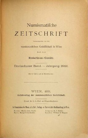 Numismatische Zeitschrift. 13. 1881