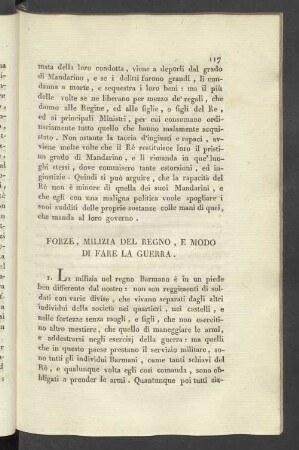 Forze, Milizia del Regno, e modo di fare la Guerra.