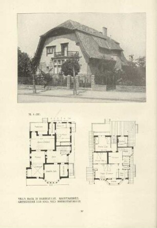 Villa Back in Darmstadt. Hauptansicht. Grundrisse des Erd- und Obergeschosses