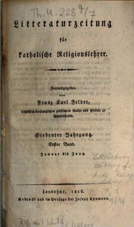 Litteraturzeitung für katholische Religionslehrer. 7,1. 1816 = Jan. - Juni