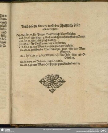 Nachgesetzte Errata wolle der Christliche Leser also verbessern