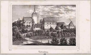 Ortsansicht von Lichtenberg im Erzgebirge südöstlich von Freiberg mit Kirche, Pfarrhaus und Gewässer, aus Sachsens Kirchen-Galerie von Hermann Schmidt, 1838, Bd. 2