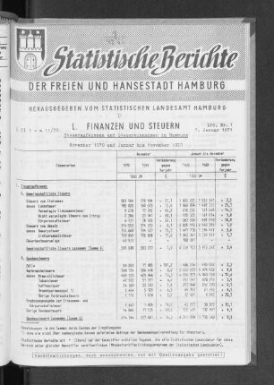 Steueraufkommen und Steuereinnahmen in Hamburg November 1970 und Januar bis November 1970 : Lfd. Nr. 1