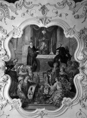 Deckenbild : Deckenbild. Fresko (1701/1800; M. Buchner). Fischbachau, Ehemalige Benediktiner-Klosterkirche
