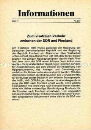 Parteiinformation der SED zum visafreien Reiseverkehr zwischen der DDR und Finnland