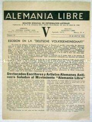 Beilage der Exil-Zeitung "Alemania libre" zur Unterstützung der Bewegung durch bedeutende dt. Künstler und Schriftsteller.