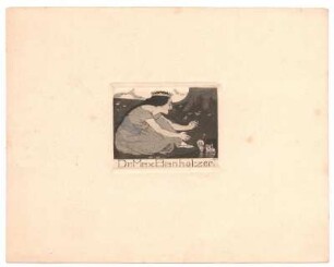 Exlibris für Dr. Max Banholzer : Märchenszene aus Froschkönig, Prinzessin erhält ihre goldene Kugel vom Frosch aus dem Tümpel, Namenszug unterhalb der Darstellung; signiert