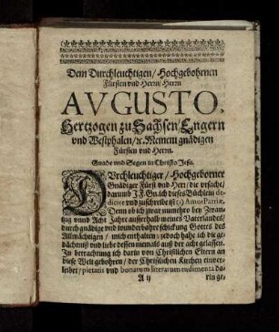 Widmung an "Augustus, Hertzog zu Sachsen, Engern und Westphalen" und Vorwort an den Leser