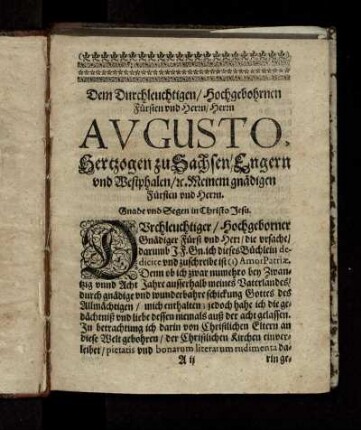 Widmung an "Augustus, Hertzog zu Sachsen, Engern und Westphalen" und Vorwort an den Leser